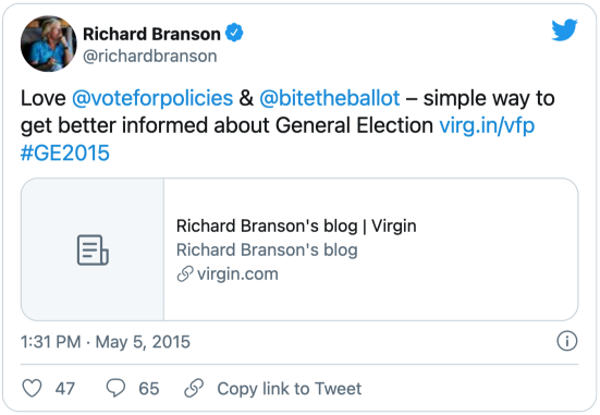 A tweet from Richard Branson (@richardbranson): Love @voteforpolicies @bitetheballot – simple way to get better informed about General Election