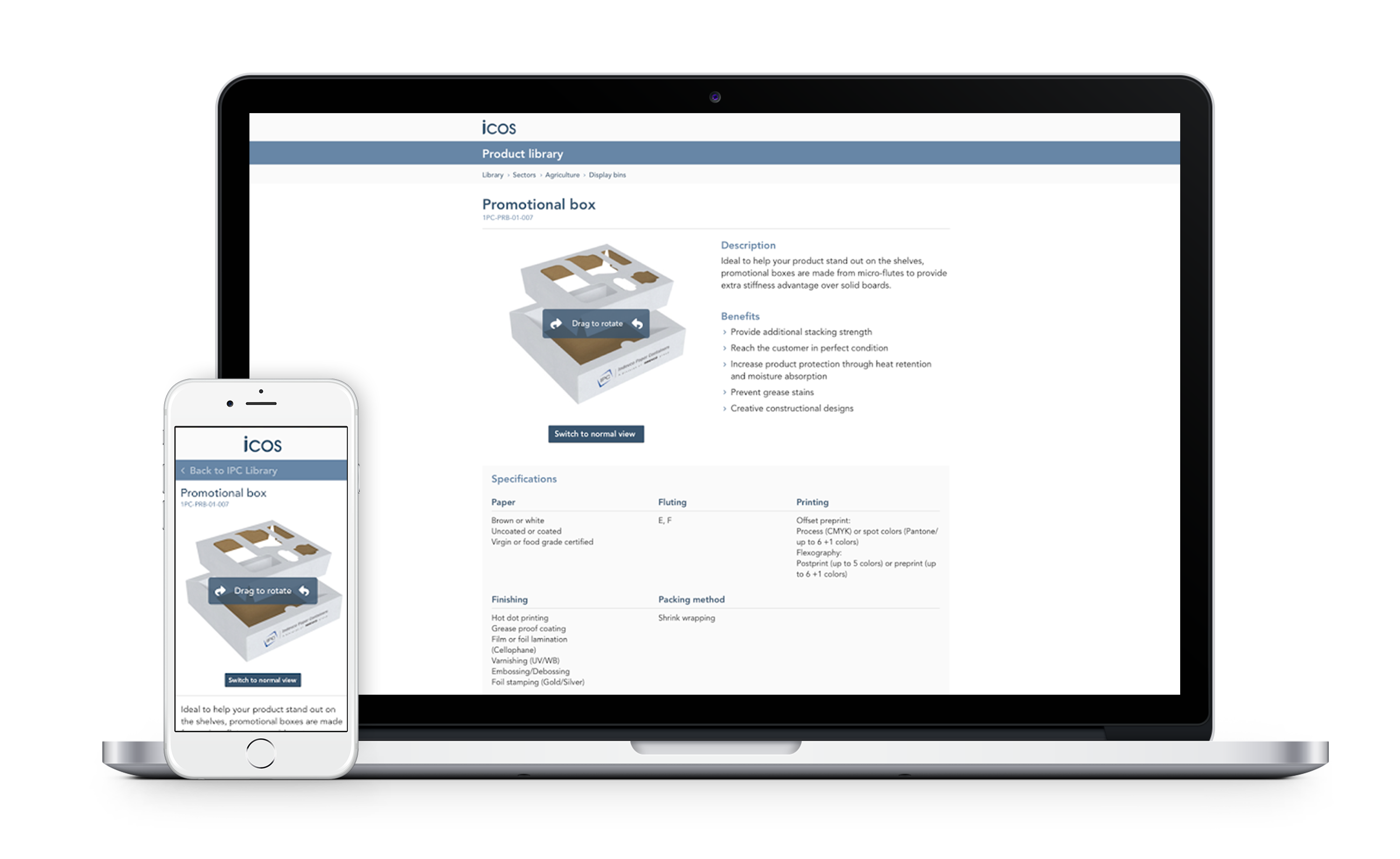 Image of ICOS customer portal running on a Macbook pro and iPhone